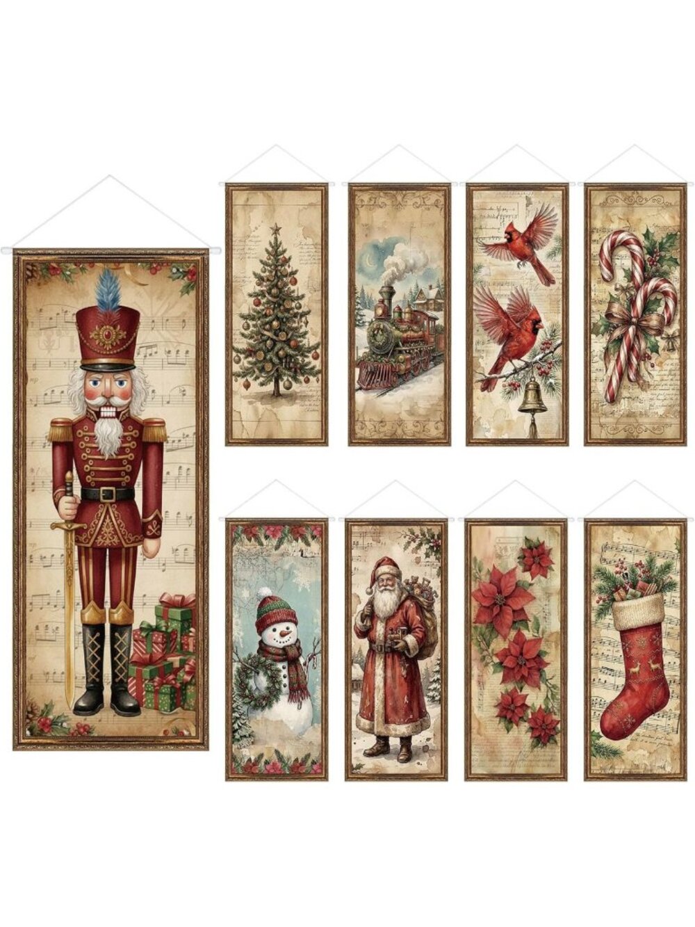 Vintage Christmas Banner Set - 9 Pcs, Musical Wall Decor for Holiday Porch